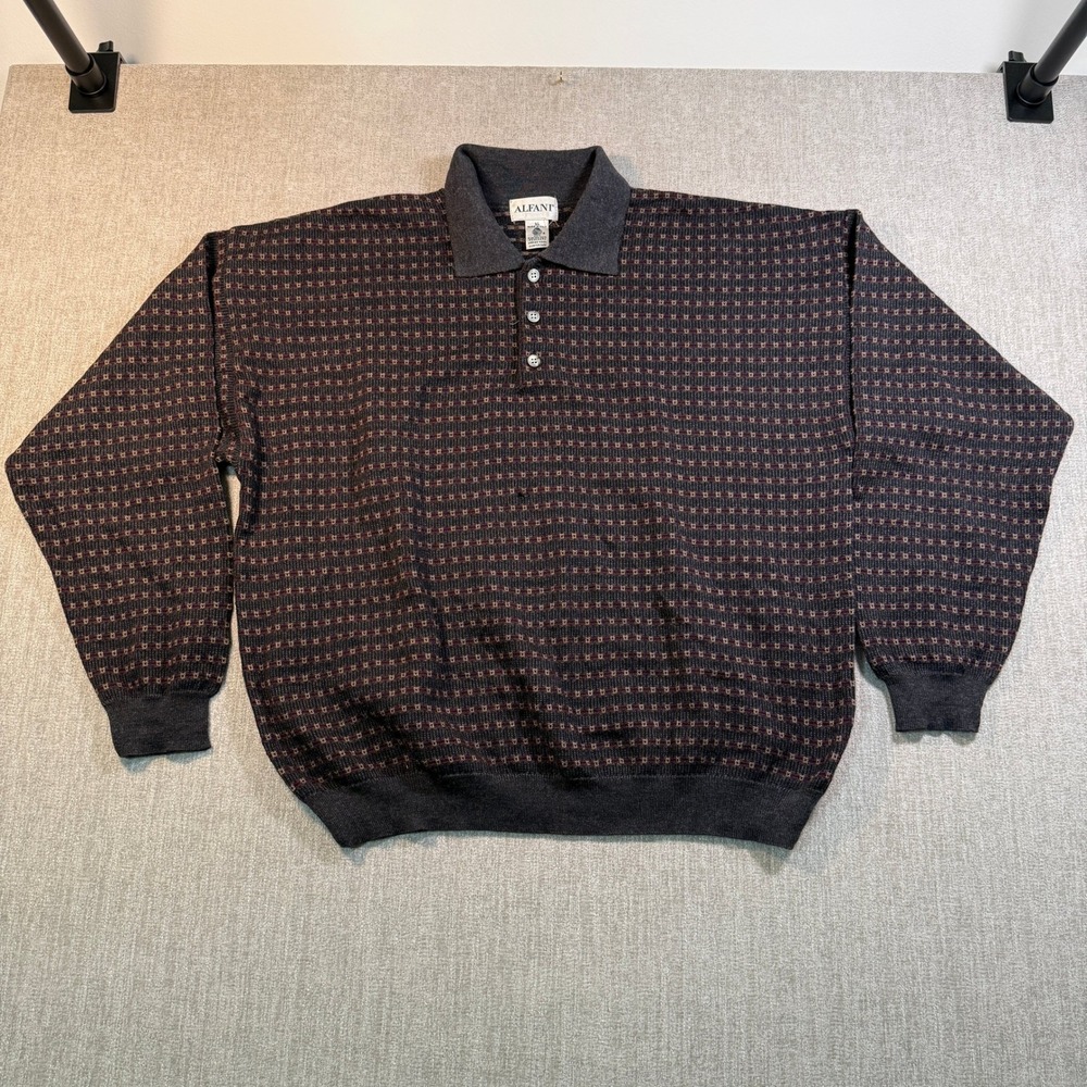 Alfani Vintage Merino Wool Polo Sweater Mens XL Made in Italy Charcoal w/HOLE